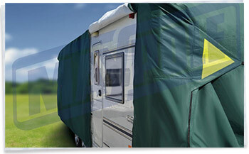 Maypole Premium Caravan Cover fitted with opening to caravan door zipped open